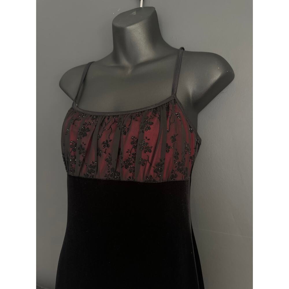 Vintage 90s Black Velvet Mesh Overlay Whimsygoth Spaghetti Strap Mini Dress Sz M - Picture 3 of 12